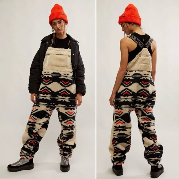 Free People Movement Hit the Slopes Fairisle Fleece Fuzzy Western Overalls Sz L - Picture 1 of 16